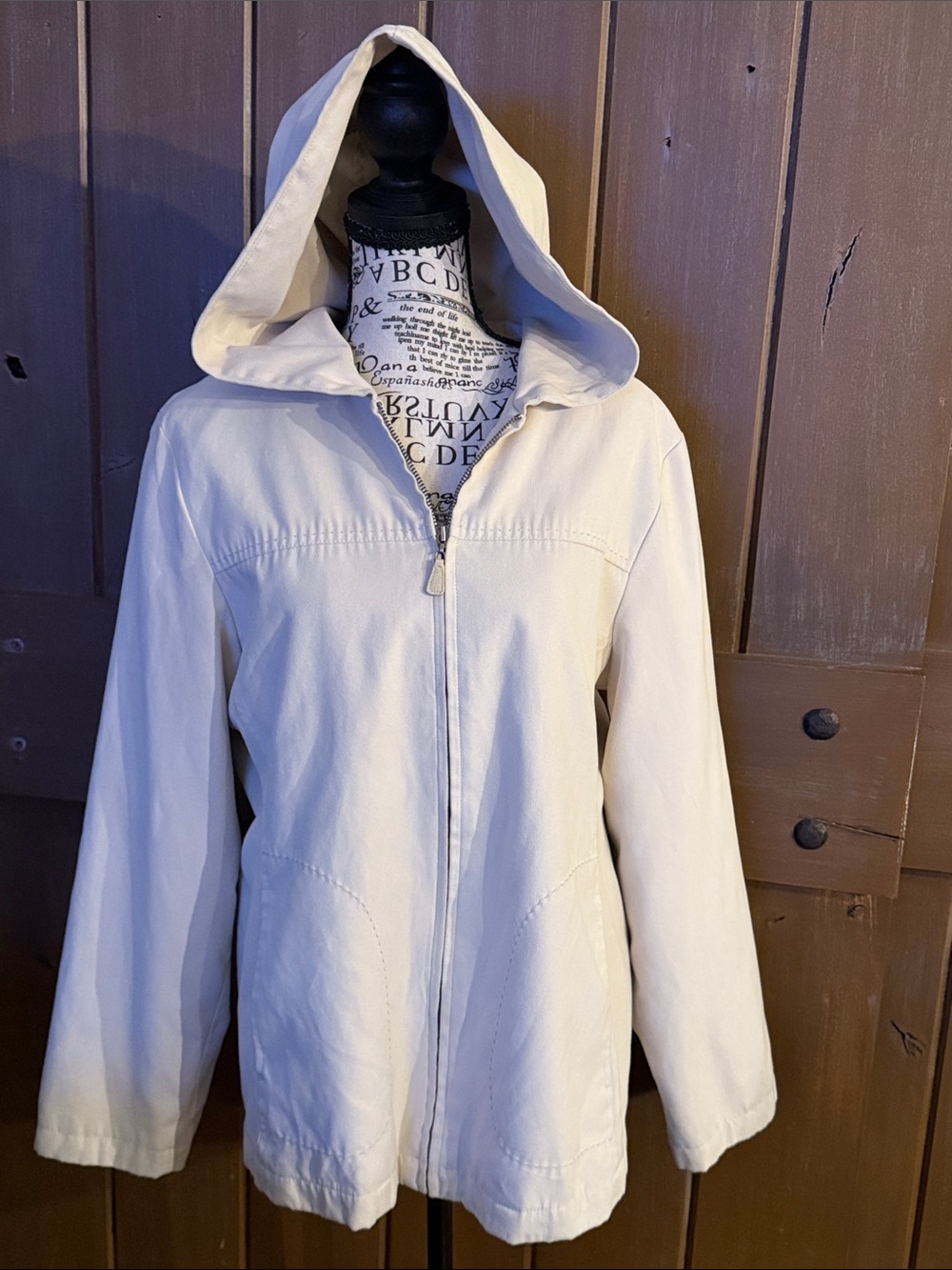 Jones New York Cream Hooded Zip-Up Utility Jacket size Large petite - Picture 2 of 5